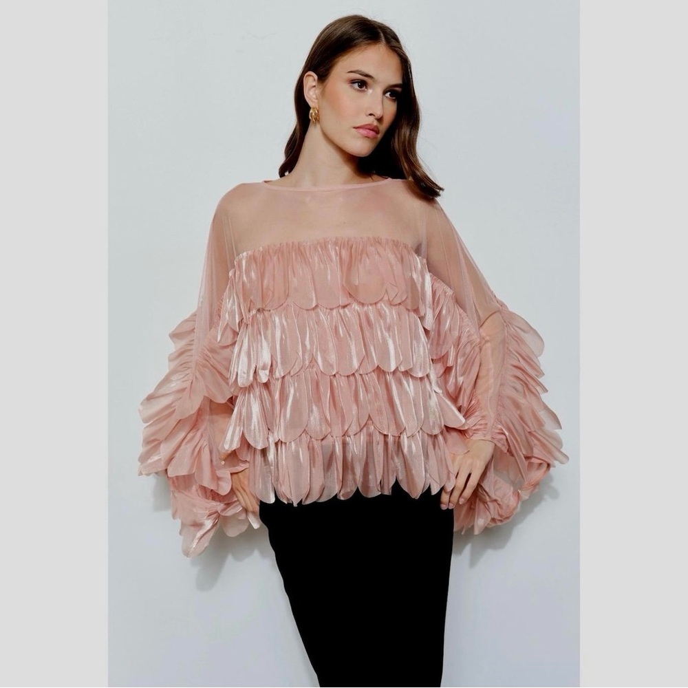 Blush Shimmer Organza Petal Scallop Tiered Ruffle Blouse - NWT
